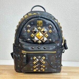 MCM Grey Leather Backpack With Stud